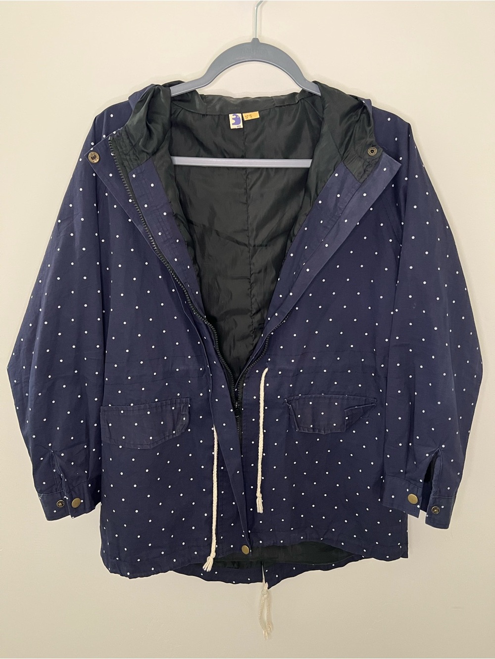 Navy Polka Dot Hooded Utility Jacket with Drawstring Waist